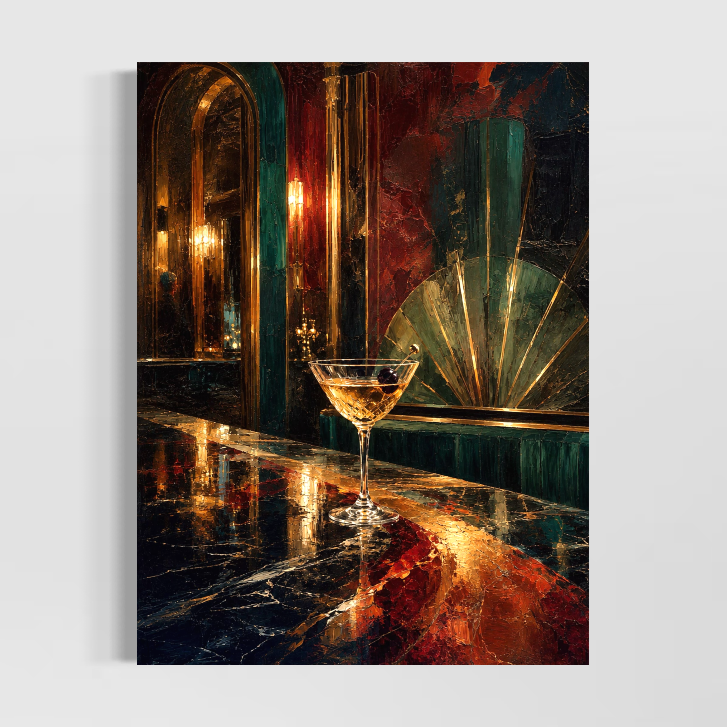 Tableau bar Art déco – Minuit Palace, décoration murale élégante et rétro Tableau Minuit Palace représentant un bar Art déco avec cocktail, reflets dorés et banquette verte