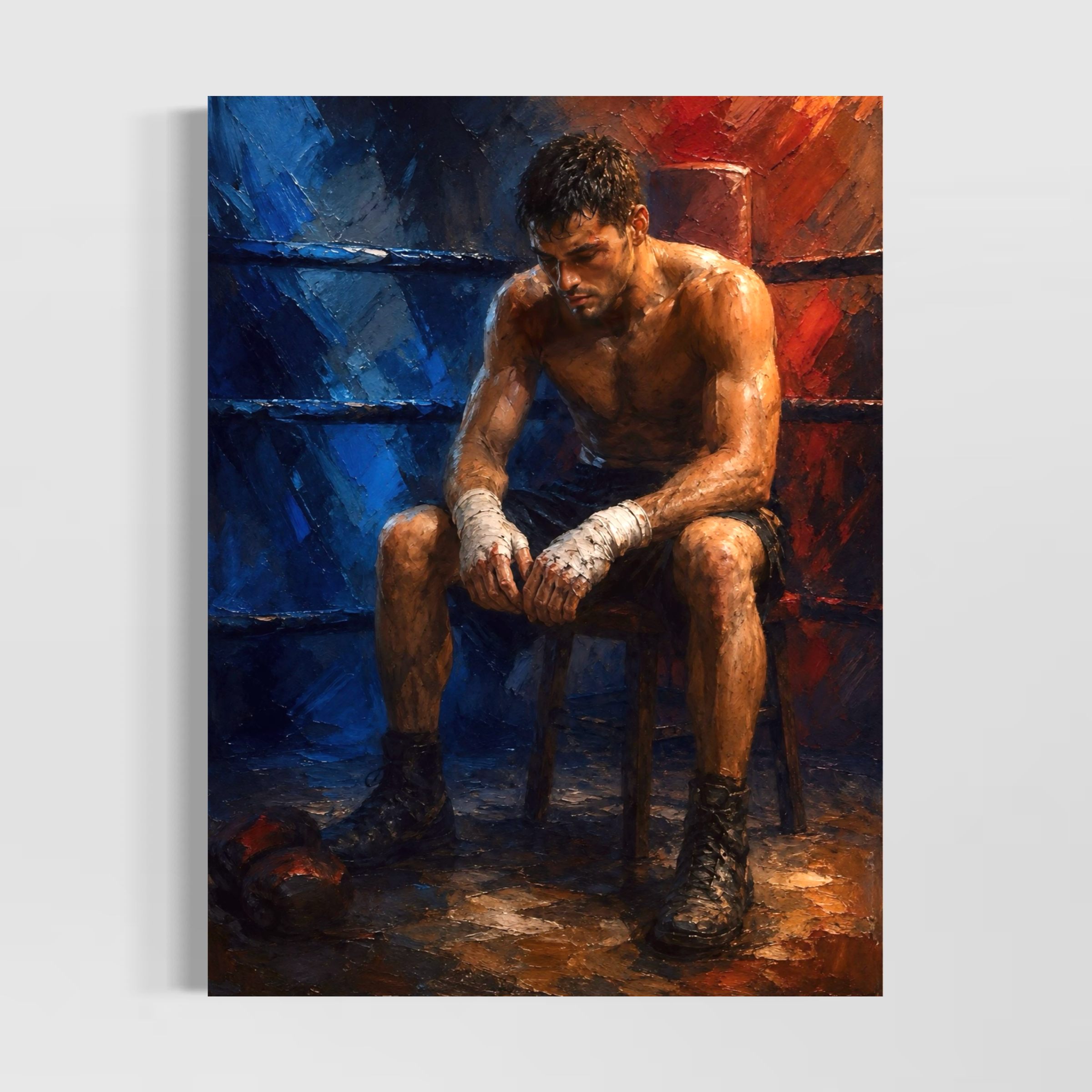 Tableau boxeur moderne – Encore Debout, art mural sport et motivation Boxeur assis dans un ring entre deux rounds, ambiance intense bleu et rouge
