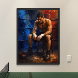 Tableau Encore Debout représentant un boxeur au repos dans un ring, exposé avec un cadre noir