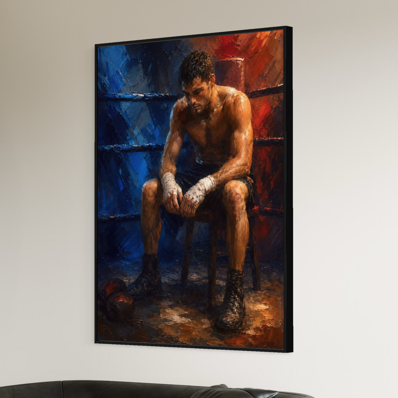 Tableau boxeur moderne – Encore Debout, art mural sport et motivation Tableau Encore Debout avec boxeur assis dans un ring, présenté dans un intérieur moderne