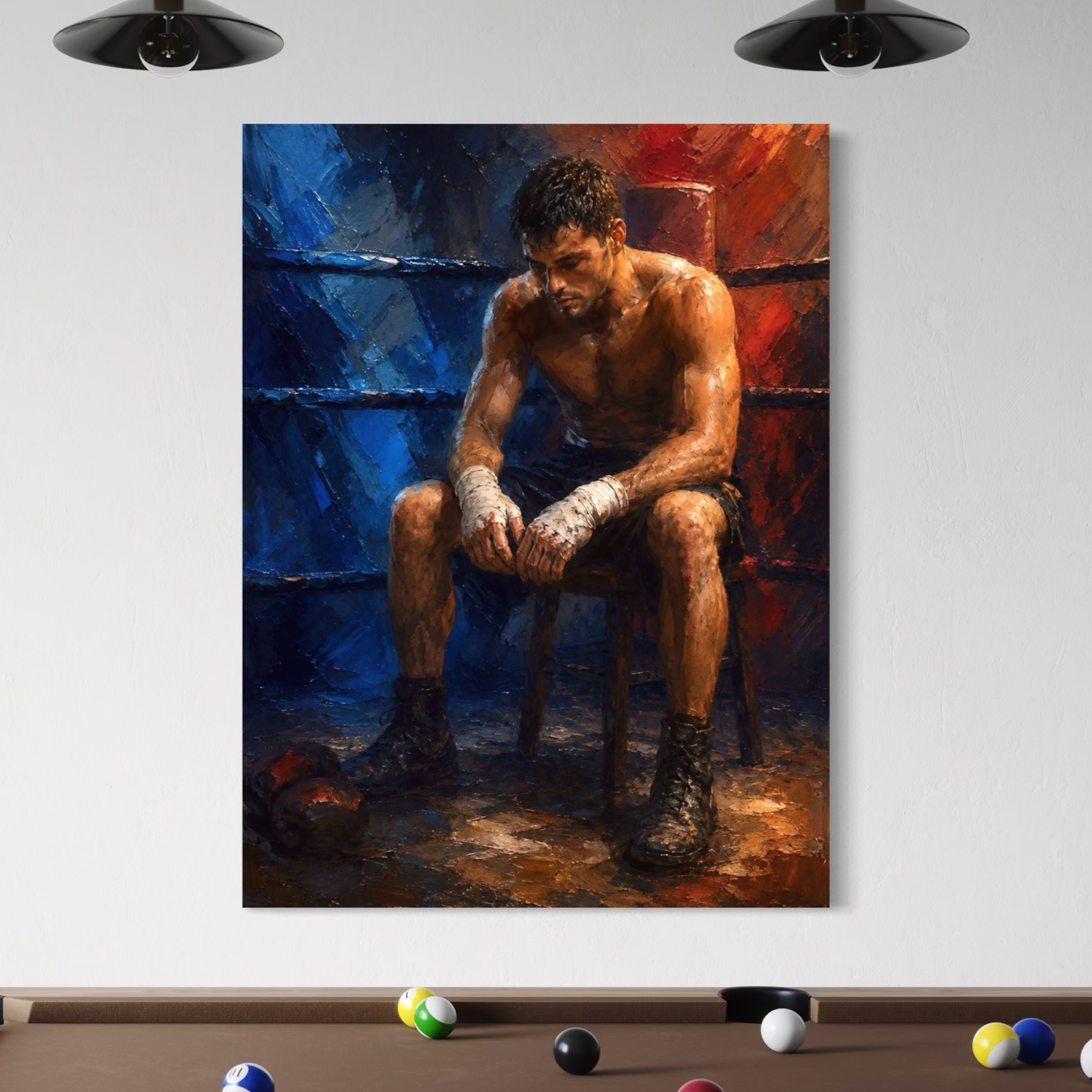 Tableau boxeur moderne – Encore Debout, art mural sport et motivation Tableau Encore Debout représentant un boxeur au repos, exposé au-dessus d’un billard dans une salle de jeux