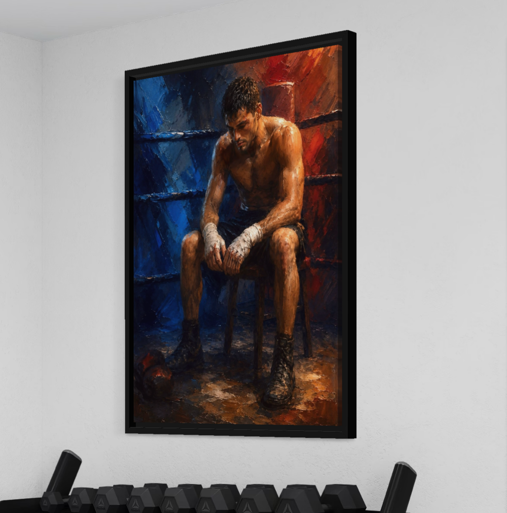 Tableau boxeur moderne – Encore Debout, art mural sport et motivation Tableau Encore Debout avec boxeur au repos, exposé dans une salle de sport avec haltères