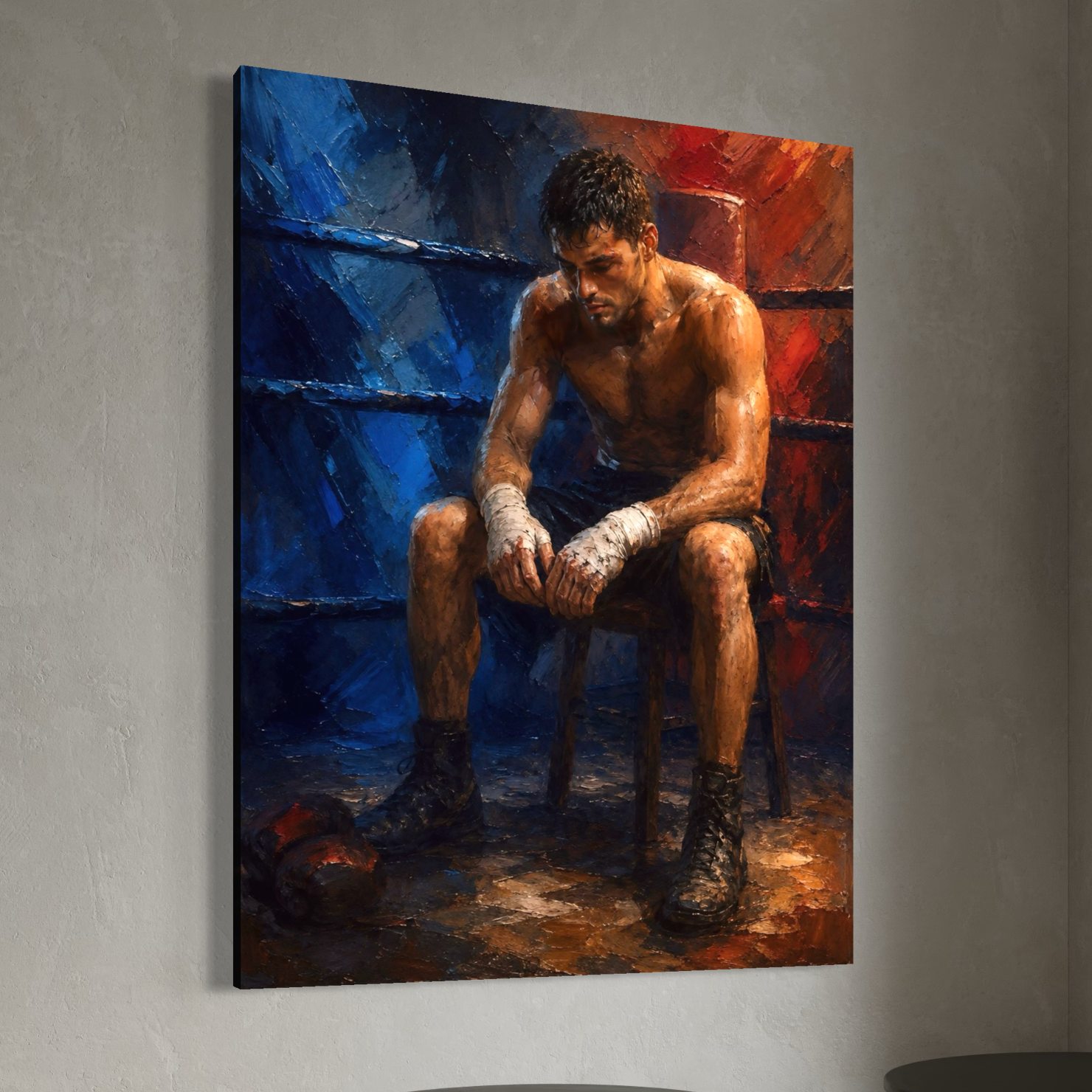 Tableau boxeur moderne – Encore Debout, art mural sport et motivation Tableau sur toile Encore Debout avec boxeur assis dans son coin après l’effort