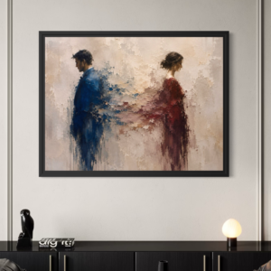 Tableau À Contre-Cœur encadré dans un intérieur moderne, représentant un homme et une femme dos à dos
