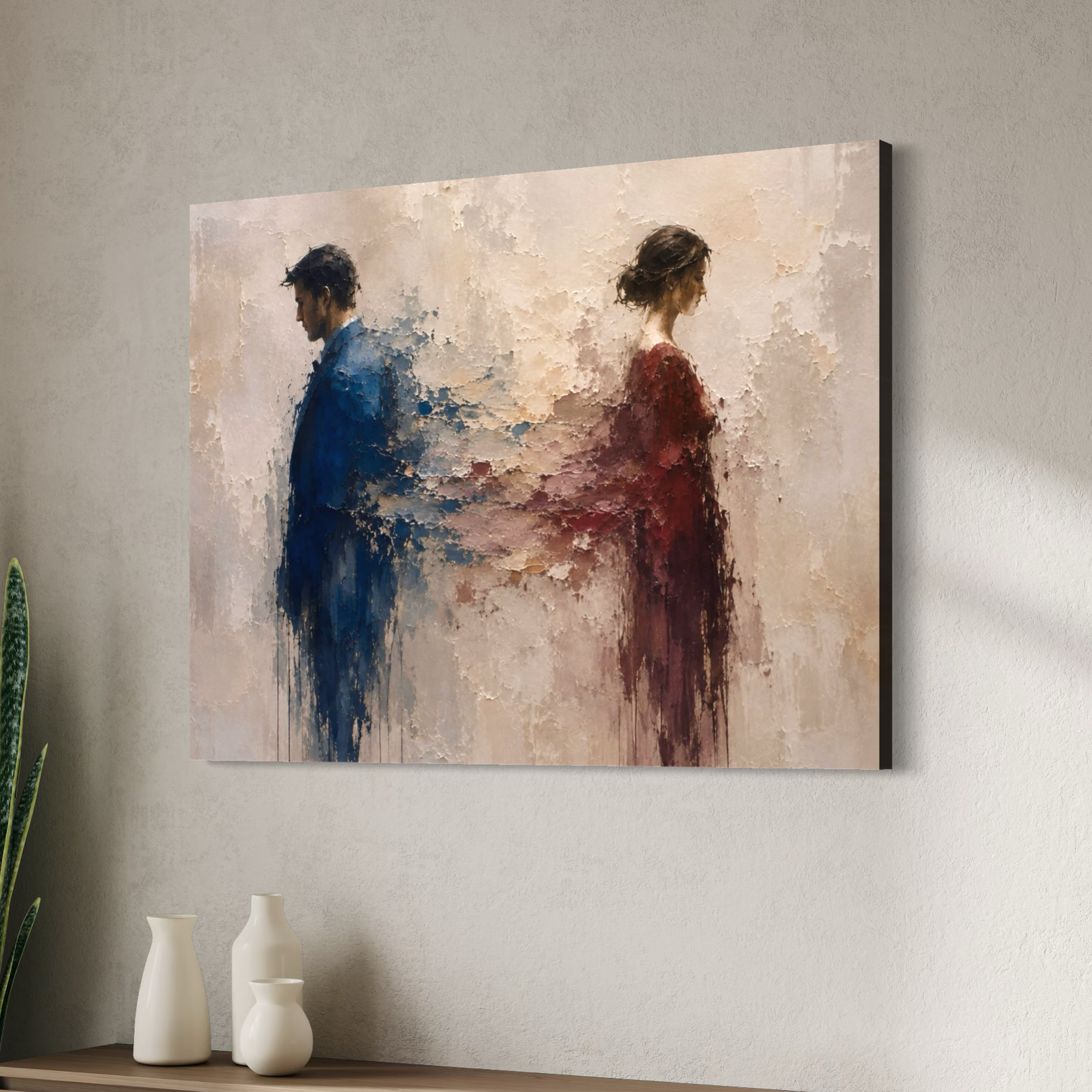 Tableau couple séparation – À Contre-Cœur, décoration murale émotionnelle et contemporaine Tableau À Contre-Cœur sur toile, avec un homme et une femme dos à dos dans un intérieur contemporain