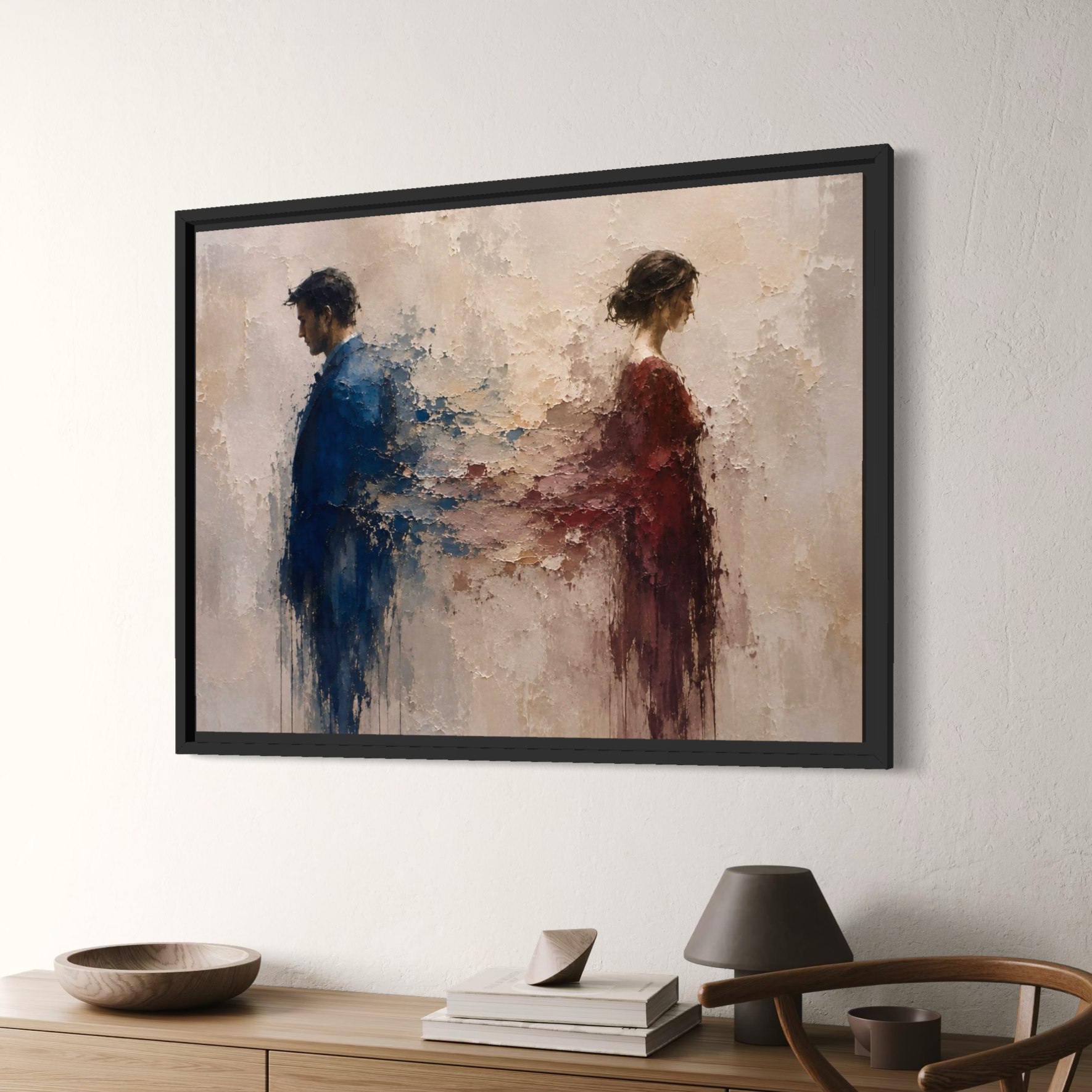 Tableau couple séparation – À Contre-Cœur, décoration murale émotionnelle et contemporaine Tableau À Contre-Cœur encadré dans un intérieur moderne, avec un homme et une femme dos à dos