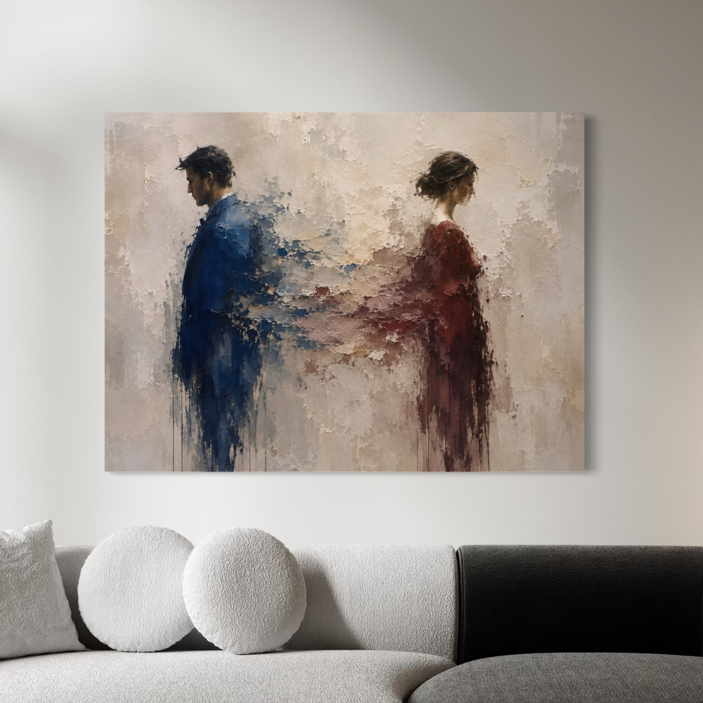 Tableau couple séparation – À Contre-Cœur, décoration murale émotionnelle et contemporaine Tableau À Contre-Cœur exposé au-dessus d’un canapé dans un salon moderne aux tons neutres
