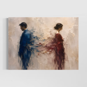 Tableau À Contre-Cœur représentant un homme et une femme dos à dos, reliés par des touches de peinture abstraites