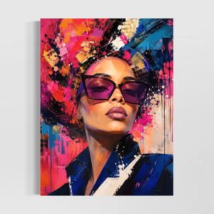 Tableau Aura Magnétique représentant une femme avec lunettes violettes dans une composition pop art rose, orange, bleu et noir