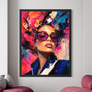Tableau Aura Magnétique encadré dans un salon moderne, représentant une femme avec lunettes violettes dans une composition pop art colorée
