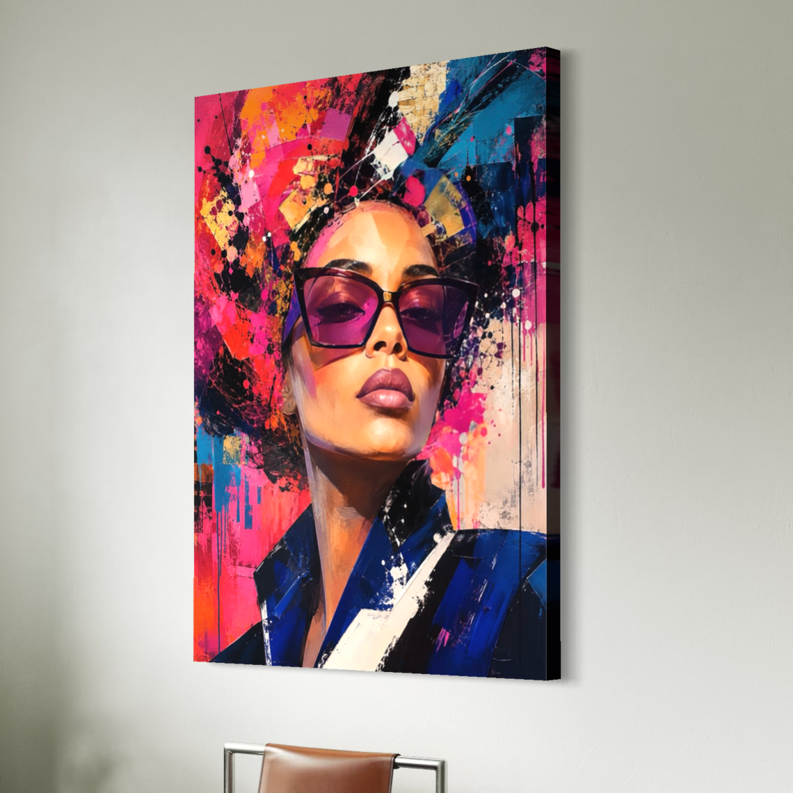 Tableau Aura Magnétique sur toile vu en perspective, représentant une femme avec lunettes violettes dans une composition pop art rose, orange, bleu et noir