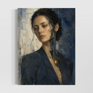 Tableau Éveil Synthétique représentant une femme cyborg au visage partiellement mécanique dans des tons bleu et beige