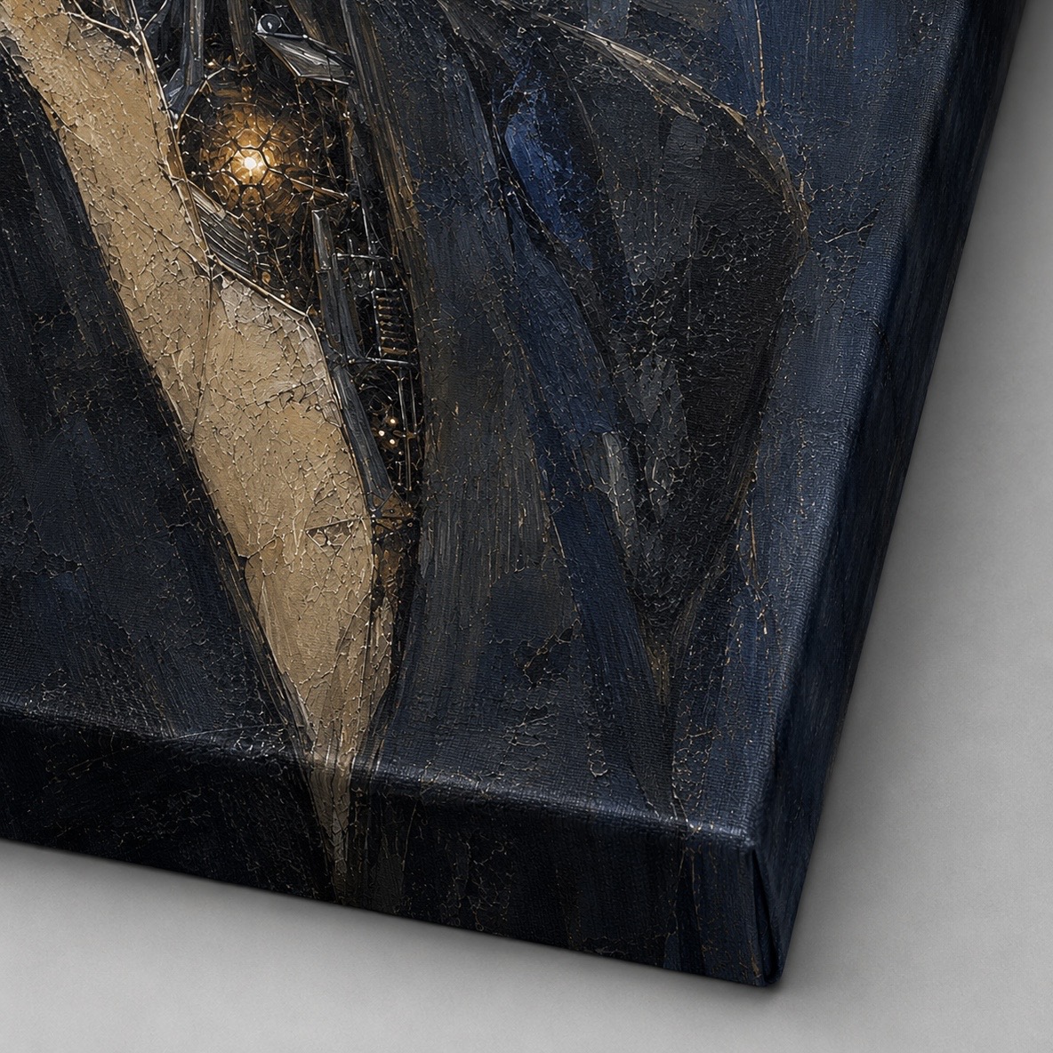 Tableau femme cyborg Éveil Synthétique – portrait futuriste et art contemporain Détail du tableau Éveil Synthétique montrant la texture de la toile et les éléments mécaniques d’une femme cyborg