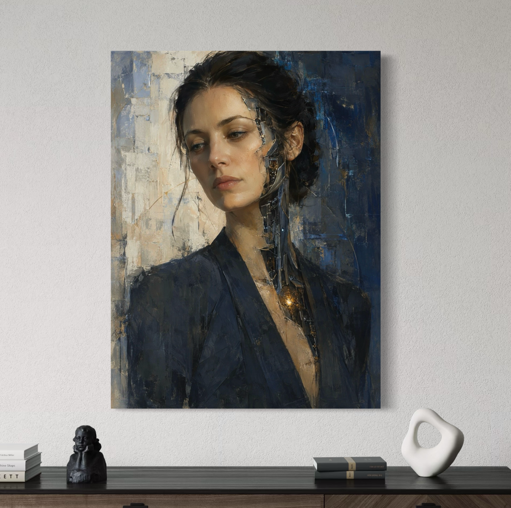 Tableau femme cyborg Éveil Synthétique – portrait futuriste et art contemporain Tableau Éveil Synthétique exposé dans un intérieur moderne, représentant une femme cyborg au visage partiellement mécanique