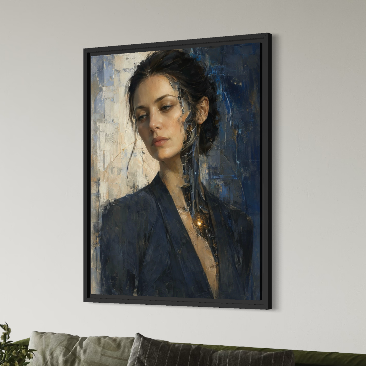 Tableau femme cyborg Éveil Synthétique – portrait futuriste et art contemporain Tableau Éveil Synthétique encadré dans un intérieur moderne, représentant une femme cyborg au visage partiellement mécanique