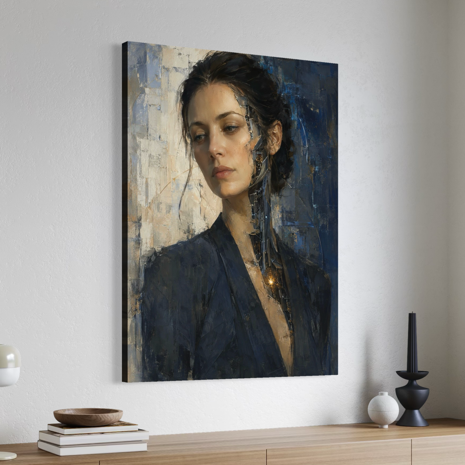 Tableau femme cyborg Éveil Synthétique – portrait futuriste et art contemporain Tableau Éveil Synthétique sur toile dans un intérieur moderne, représentant une femme cyborg au visage partiellement mécanique