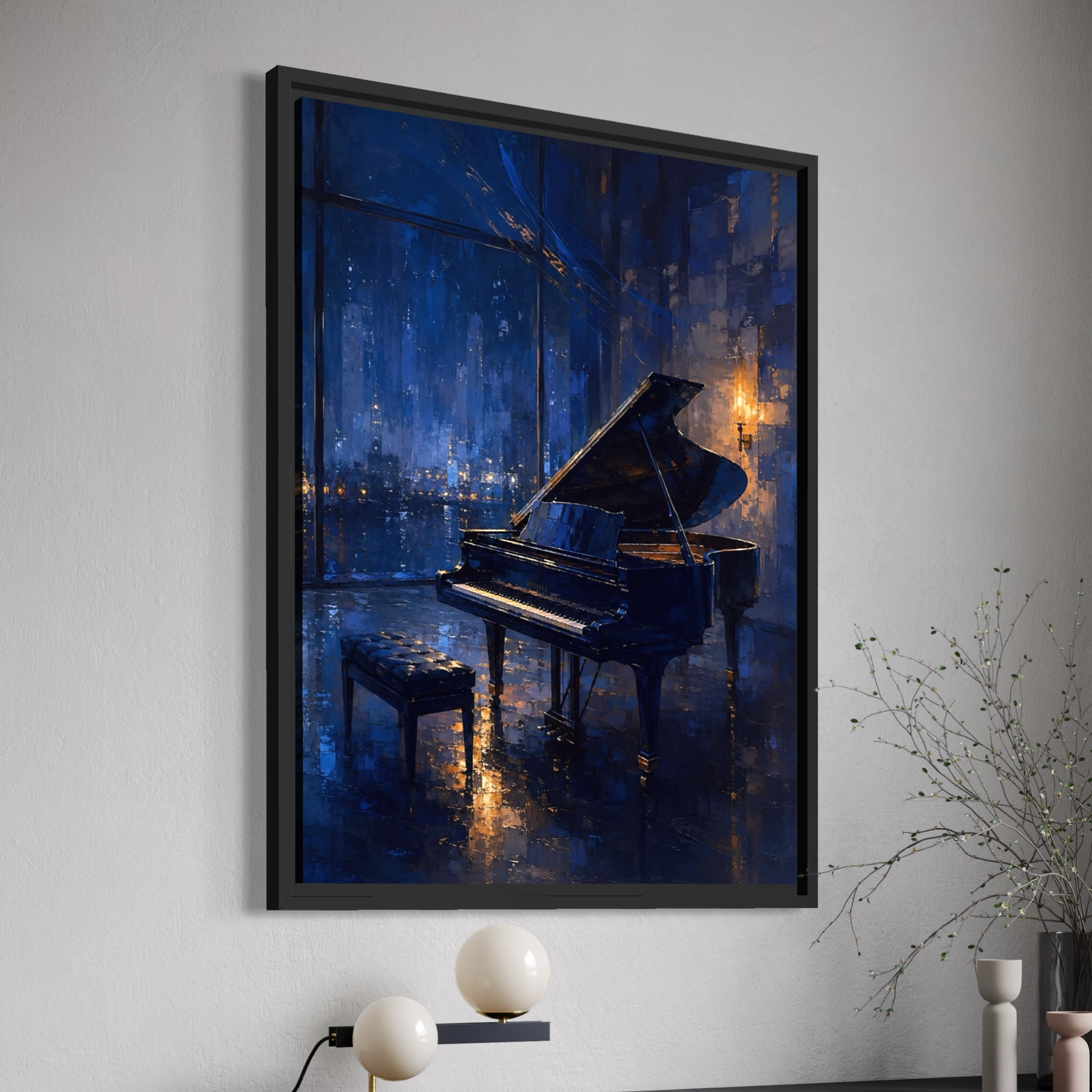 Tableau piano Piano Solitaire – décoration murale élégante et musicale Tableau Piano Solitaire encadré en noir dans un intérieur moderne, avec piano à queue bleu nuit et reflets dorés
