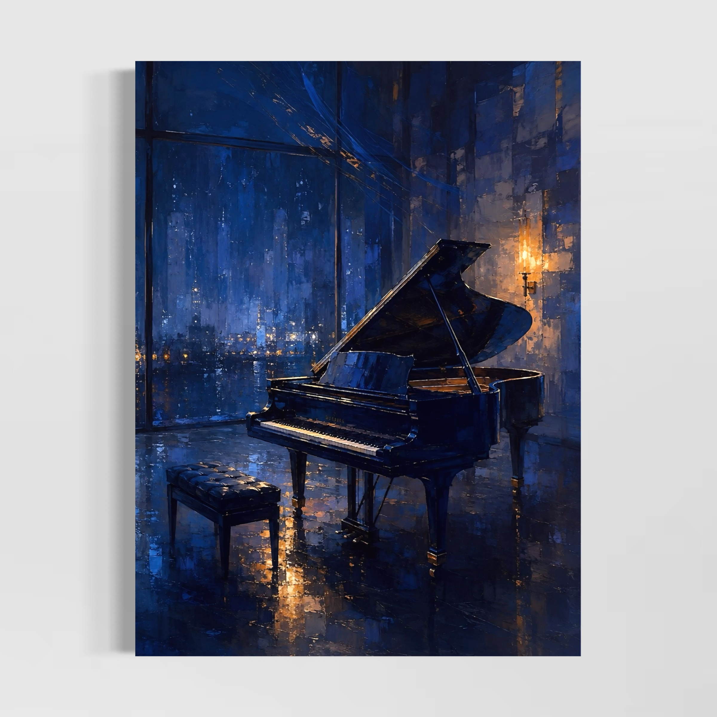 Tableau piano Piano Solitaire – décoration murale élégante et musicale Tableau Piano Solitaire représentant un piano à queue noir dans une ambiance nocturne bleue avec reflets dorés