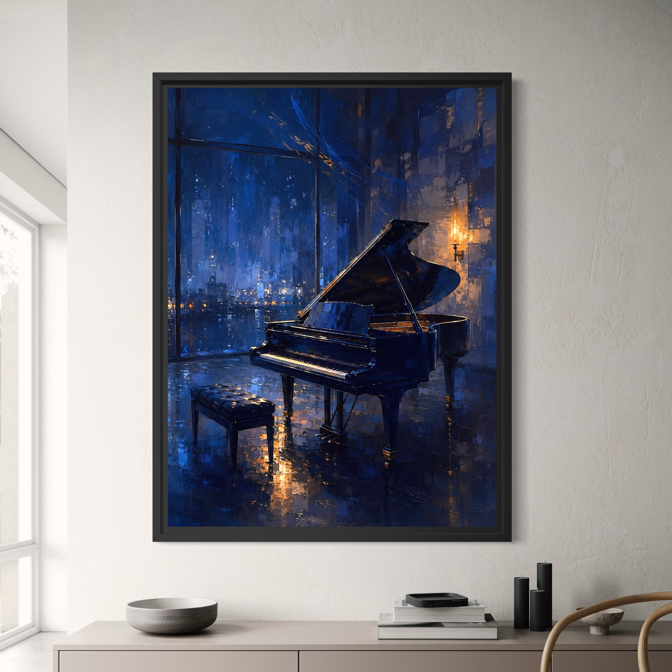 Tableau piano Piano Solitaire – décoration murale élégante et musicale Tableau Piano Solitaire encadré dans un intérieur contemporain, représentant un piano à queue noir dans une ambiance bleu nuit et dorée
