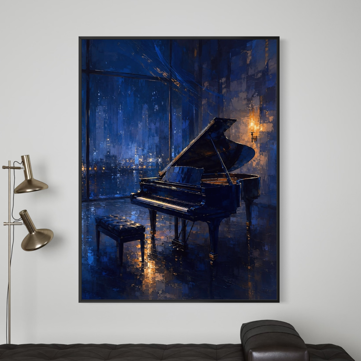 Tableau piano Piano Solitaire – décoration murale élégante et musicale Tableau Piano Solitaire encadré dans un salon élégant, représentant un piano à queue noir dans une ambiance bleu nuit et dorée
