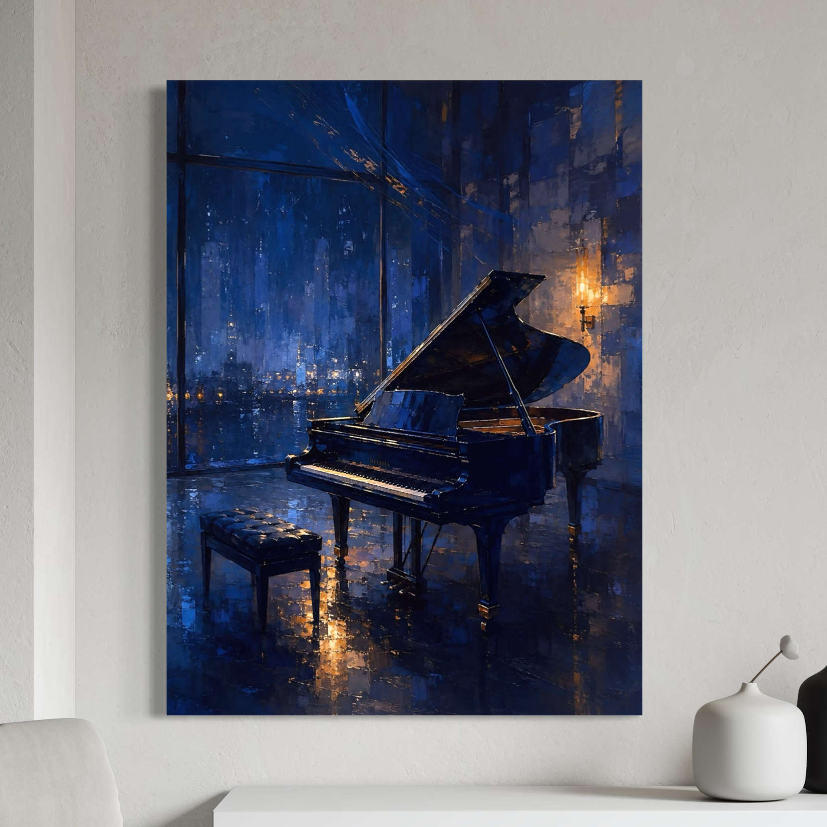 Tableau piano Piano Solitaire – décoration murale élégante et musicale Tableau Piano Solitaire sur toile dans un intérieur moderne, représentant un piano à queue noir dans une ambiance bleu nuit et dorée