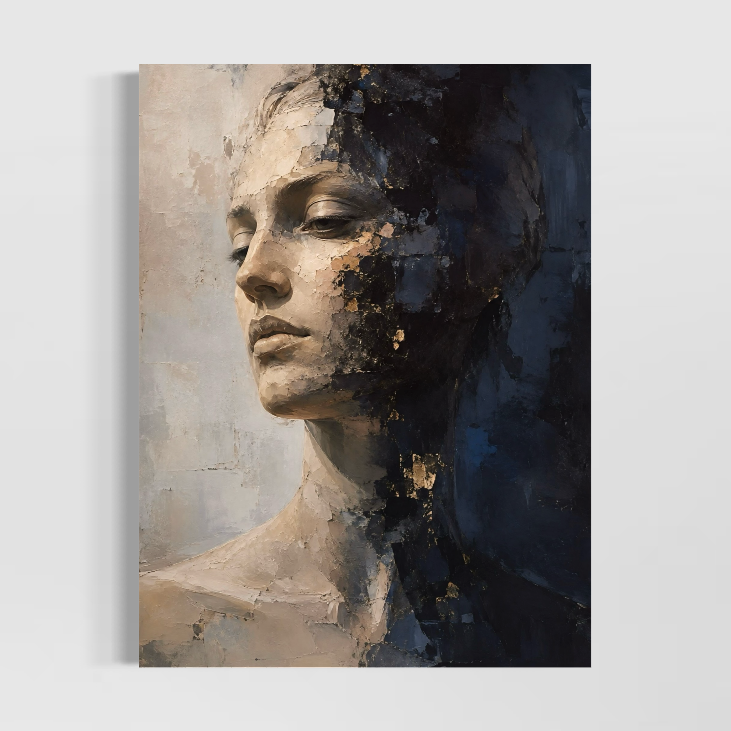 Tableau Visage Intérieur représentant un portrait féminin introspectif partagé entre tons beige, noir et bleu profond