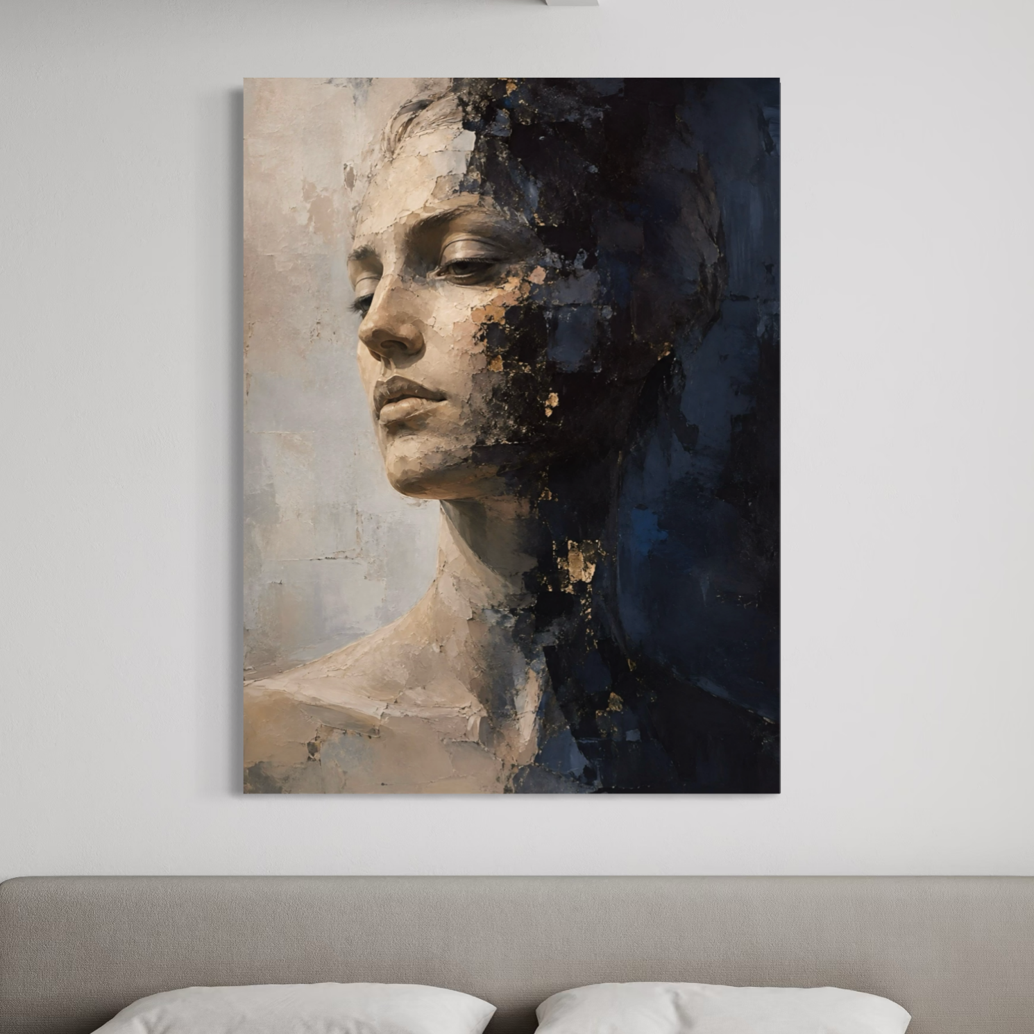 Tableau Visage Intérieur sur toile au-dessus d’un lit, représentant un portrait féminin introspectif aux tons beige, noir et bleu profond