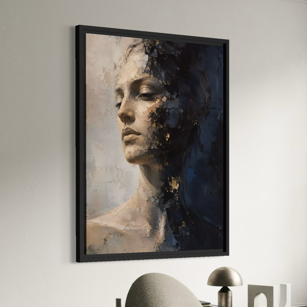 Tableau Visage Intérieur encadré en noir dans un intérieur moderne, représentant un portrait féminin aux tons beige, noir et bleu profond