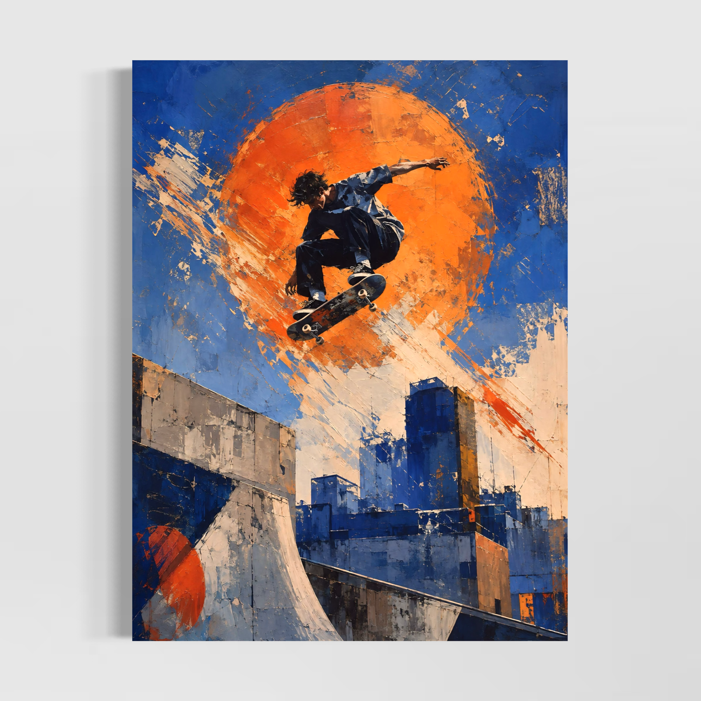Tableau skateboard Street Session – art urbain moderne et décoration street Tableau Street Session représentant un skateur en plein saut dans un décor urbain bleu et orange