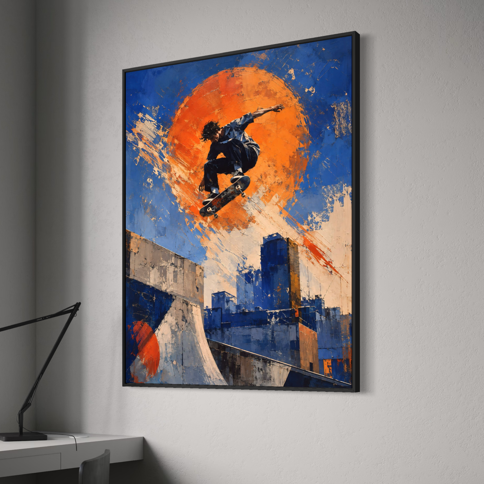 Tableau skateboard Street Session – art urbain moderne et décoration street Tableau Street Session encadré dans un bureau moderne, avec skateur en plein saut dans un décor urbain bleu et orange