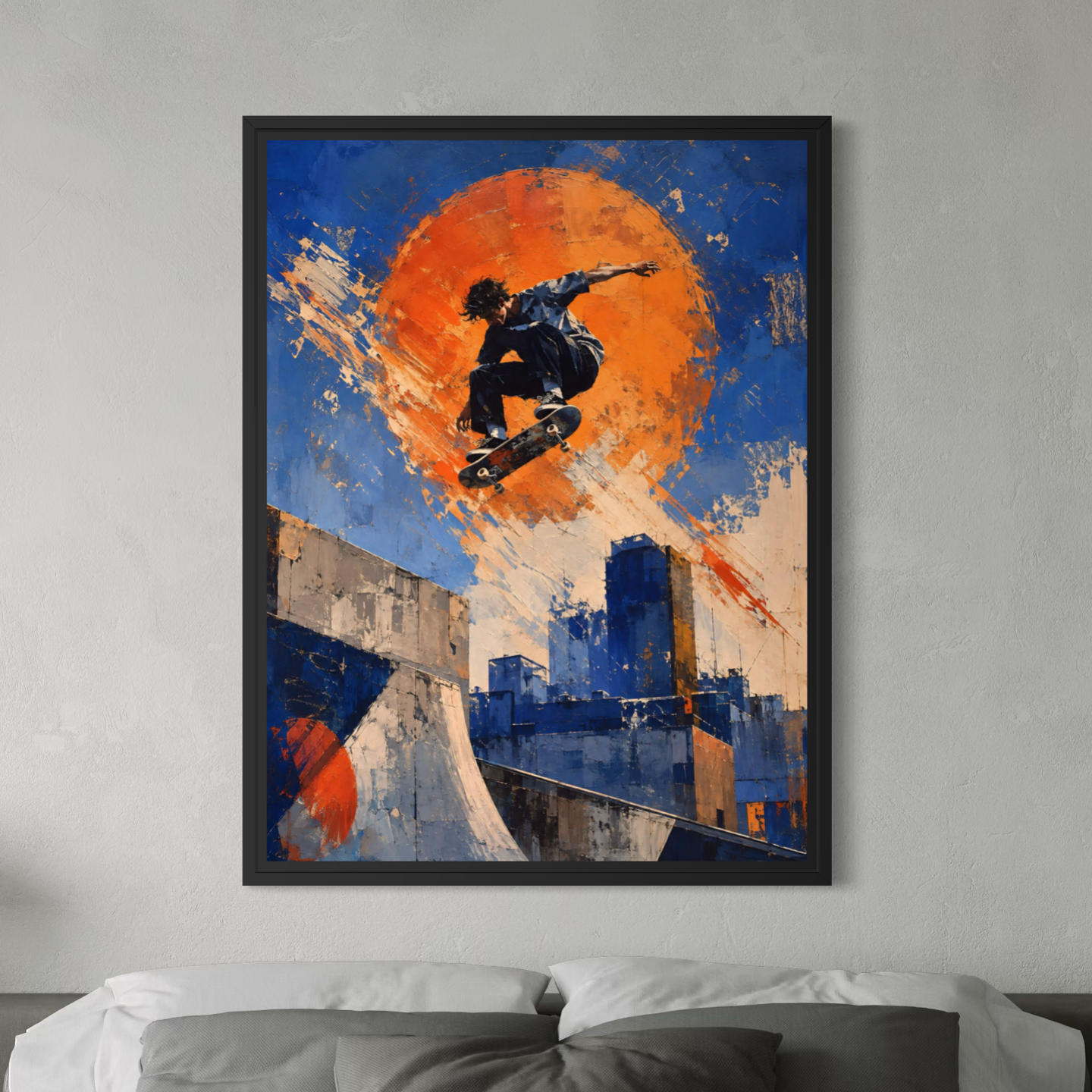 Tableau skateboard Street Session – art urbain moderne et décoration street Tableau Street Session encadré au-dessus d’un lit, avec skateur en plein saut dans un décor urbain bleu et orange