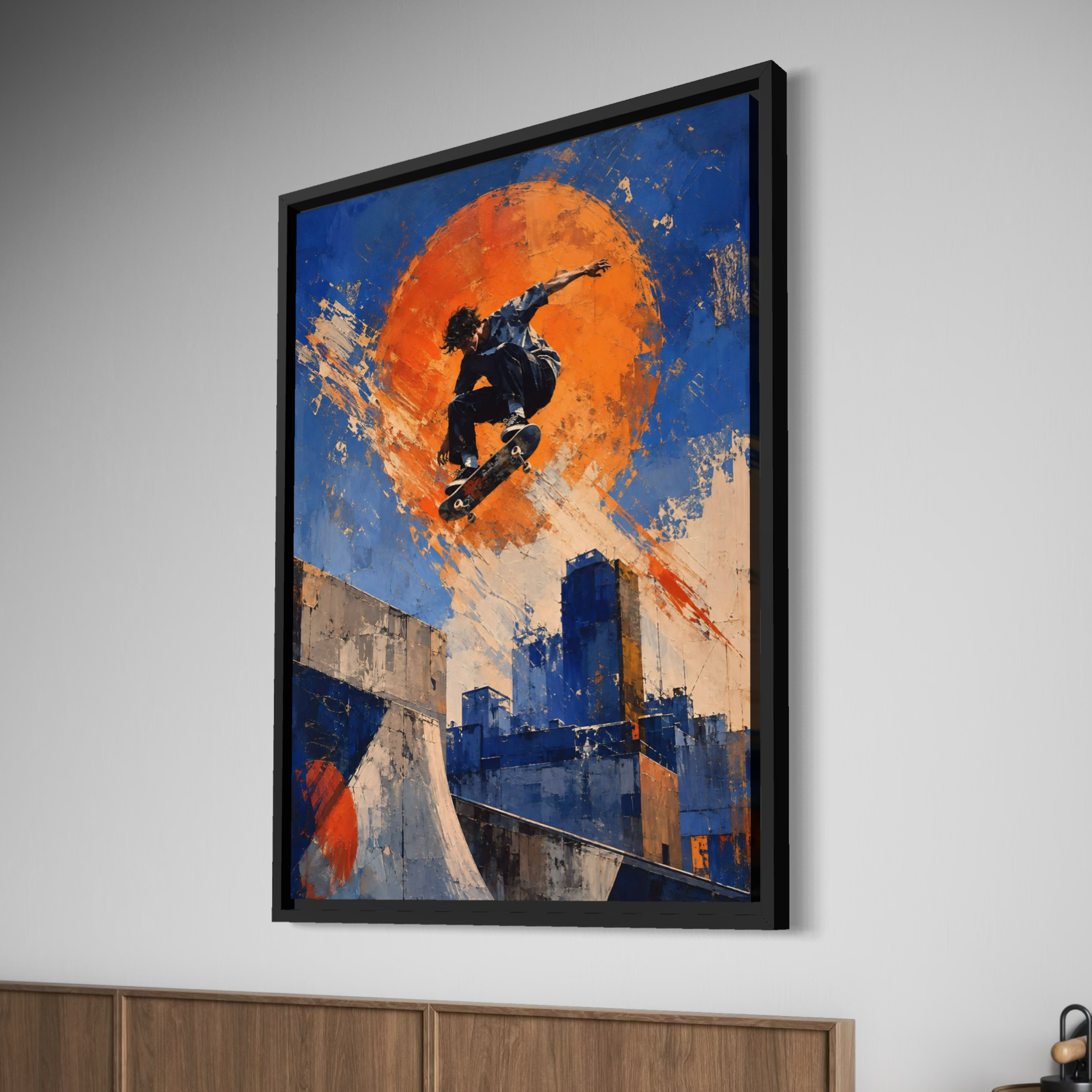 Tableau skateboard Street Session – art urbain moderne et décoration street Tableau Street Session encadré en noir avec skateur en plein saut dans un décor urbain bleu et orange