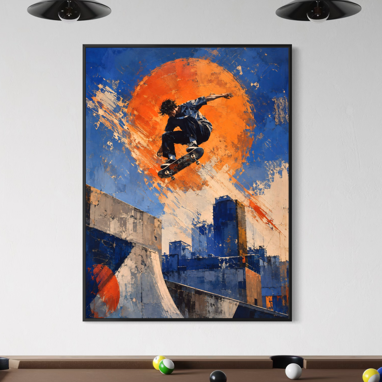 Tableau skateboard Street Session – art urbain moderne et décoration street Tableau Street Session encadré au-dessus d’un billard, avec skateur en plein saut dans un décor urbain bleu et orange