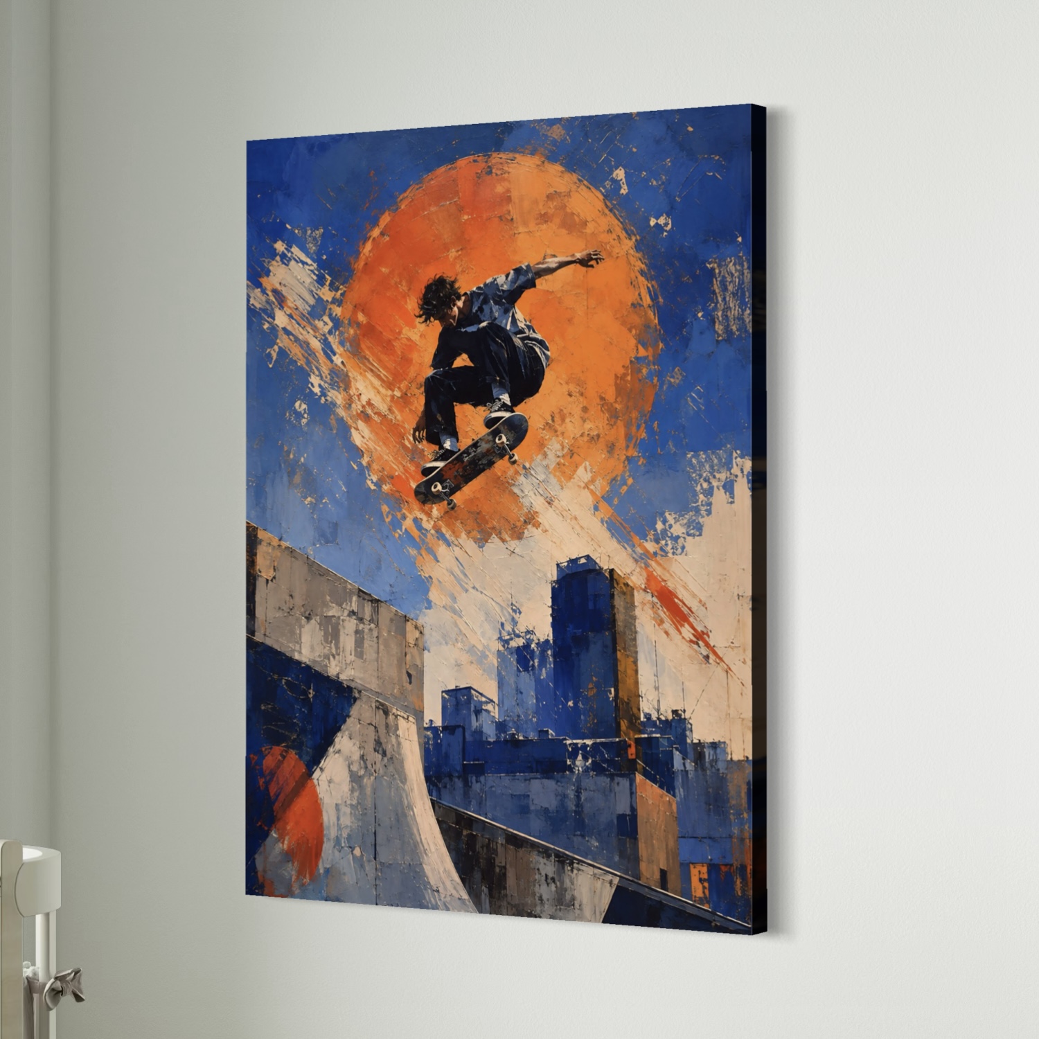 Tableau skateboard Street Session – art urbain moderne et décoration street Tableau Street Session sur toile avec skateur en plein saut dans un décor urbain bleu et orange