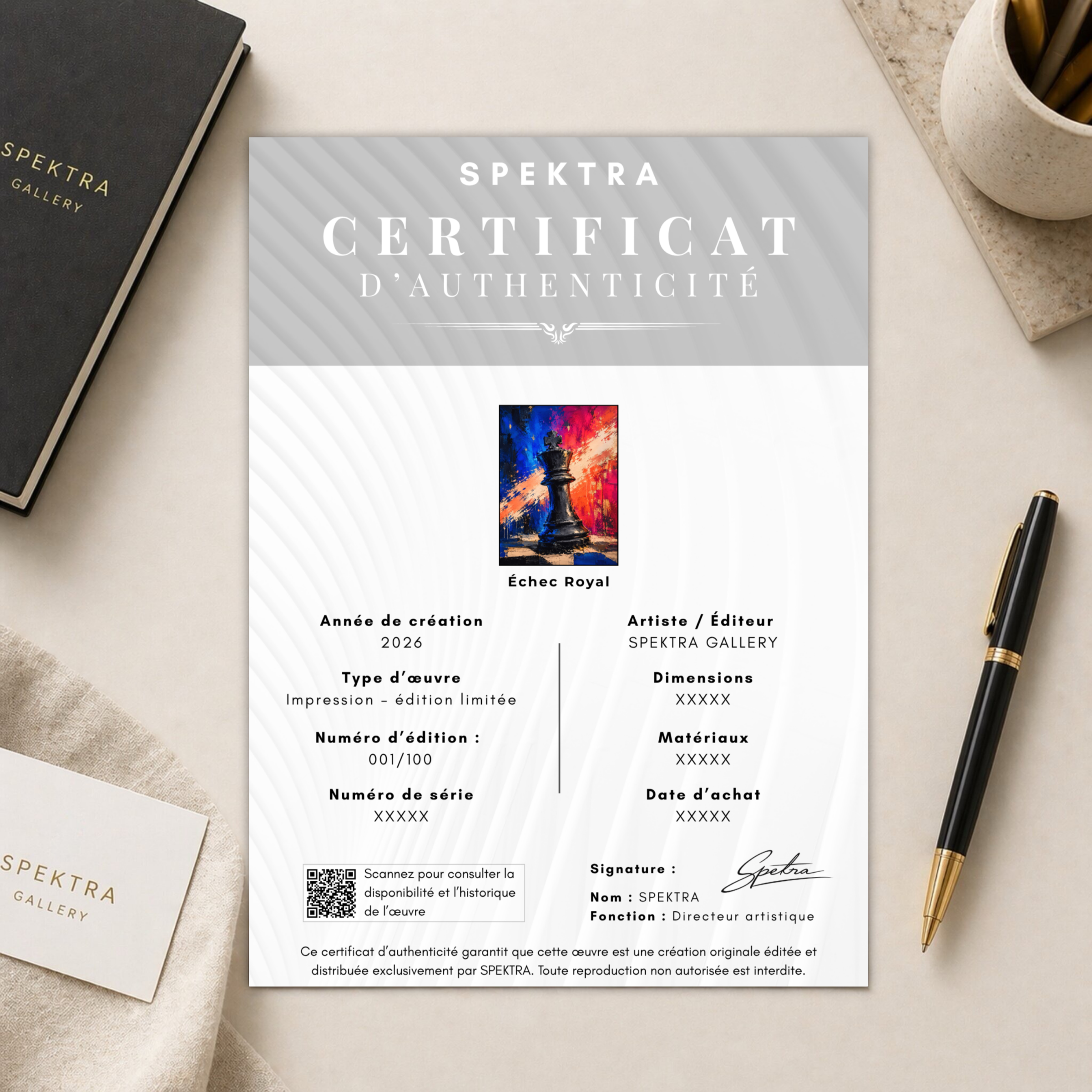 Certificat d’authenticité de l’œuvre Échec Royal, tableau contemporain inspiré du jeu d’échecs en édition limitée Spektra Gallery