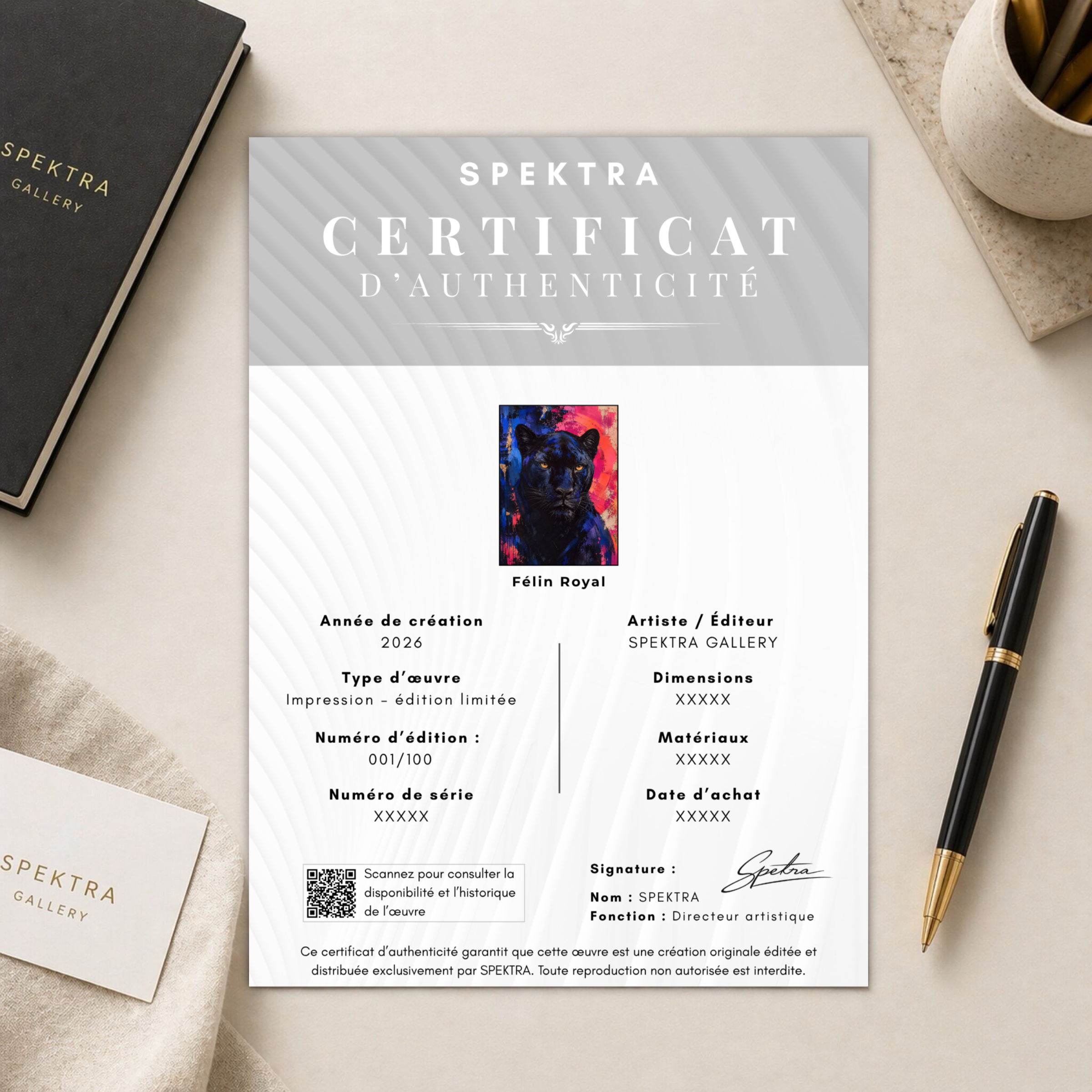 Certificat d’authenticité de Félin Royal, tableau panthère noire en édition limitée Spektra Gallery