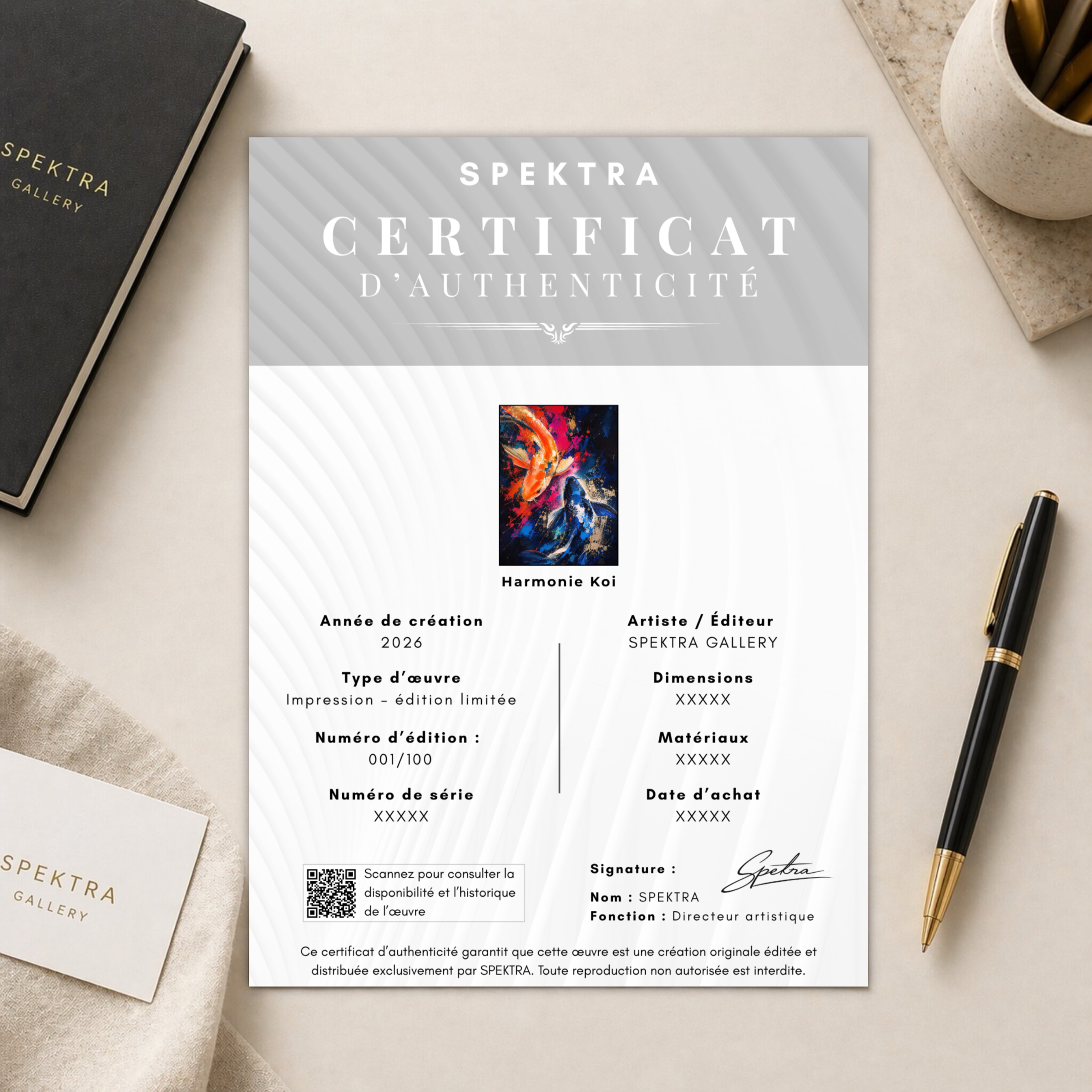 Tableau Poissons Koi – Harmonie Koi Certificat d’authenticité de l’œuvre Harmonie Koi, tableau poissons koi en édition limitée Spektra Gallery