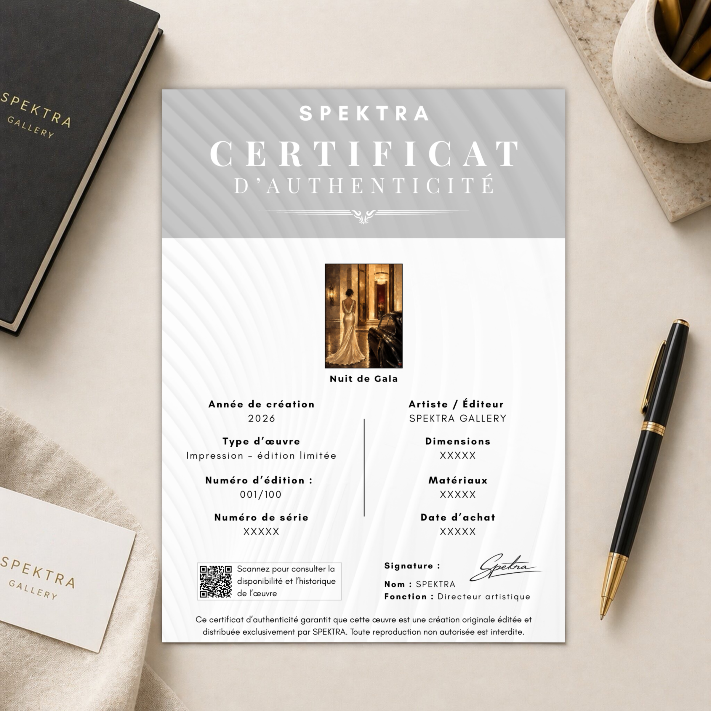 Certificat d’authenticité de l’œuvre Nuit de Gala, tableau contemporain en édition limitée Spektra Gallery