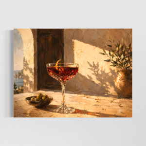 Cocktail Riviera tableau méditerranéen contemporain avec cocktail et olives