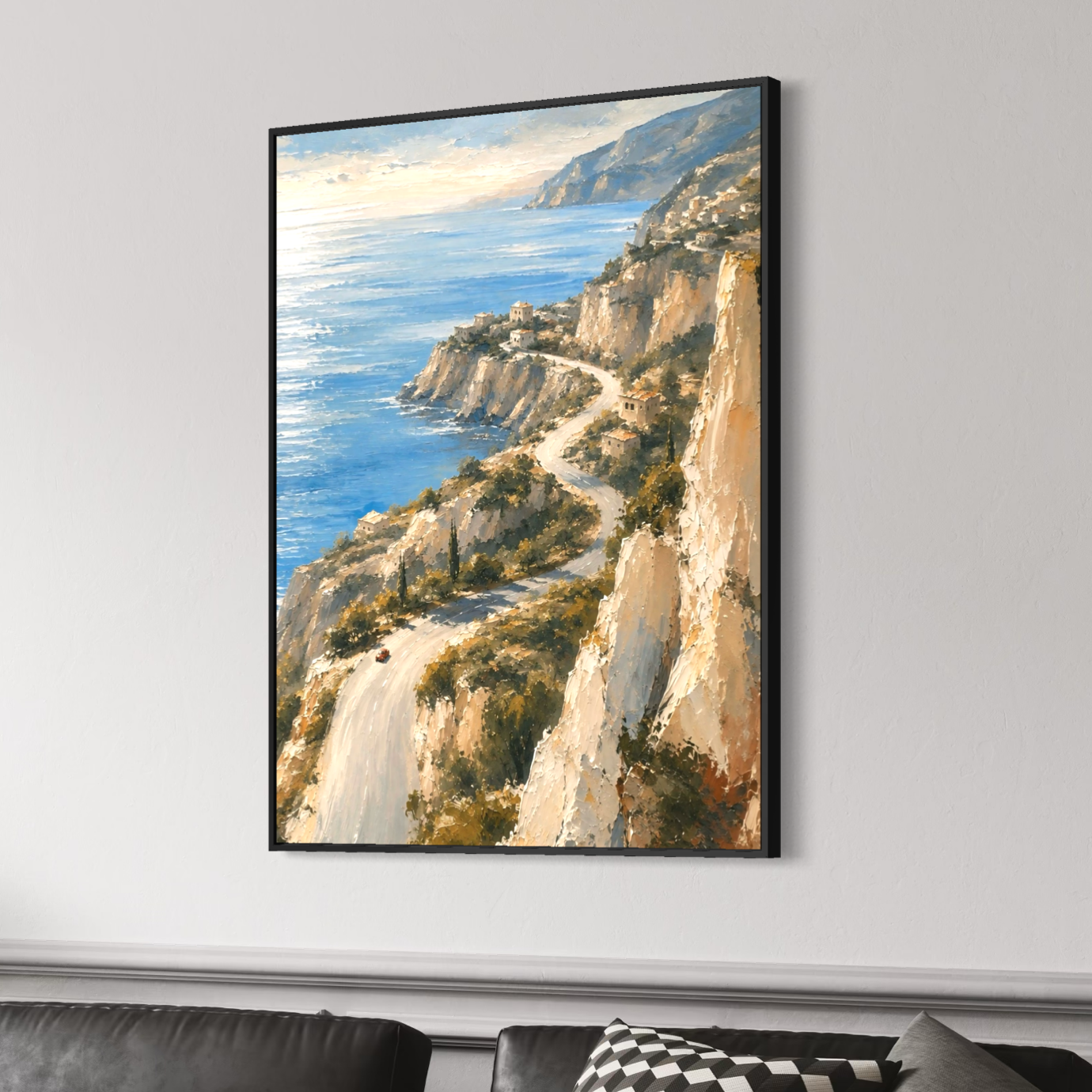 Tableau Côte d’Azur – Corniche d’Azur Tableau Corniche d’Azur avec cadre noir présenté en perspective sur un mur clair