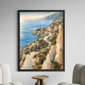 Tableau Côte d’Azur Corniche d’Azur avec encadrement noir dans un intérieur contemporain