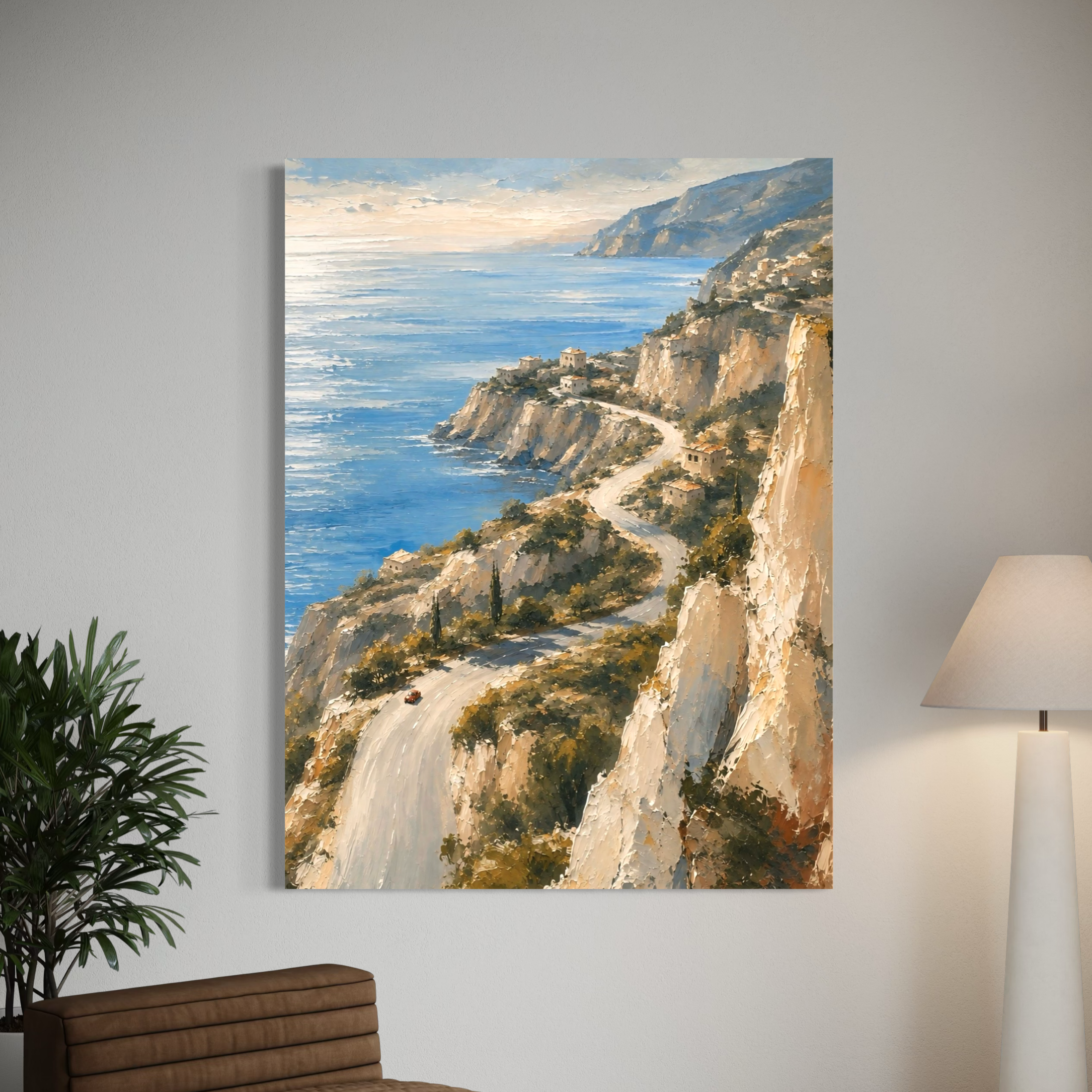 Tableau Côte d’Azur – Corniche d’Azur Tableau méditerranéen Corniche d’Azur exposé dans un intérieur contemporain lumineux