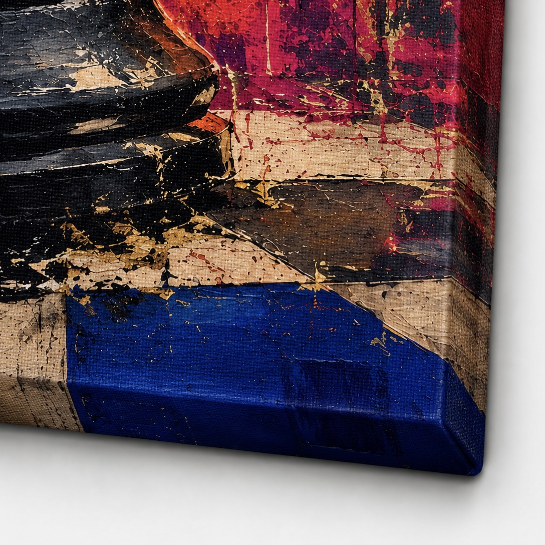 Détail de la texture du tableau Échec Royal avec nuances bleu, rose, noir et doré