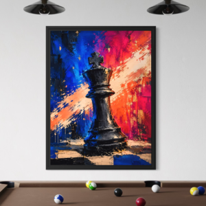 Tableau Échec Royal représentant un roi d’échecs avec cadre noir au-dessus d’un billard