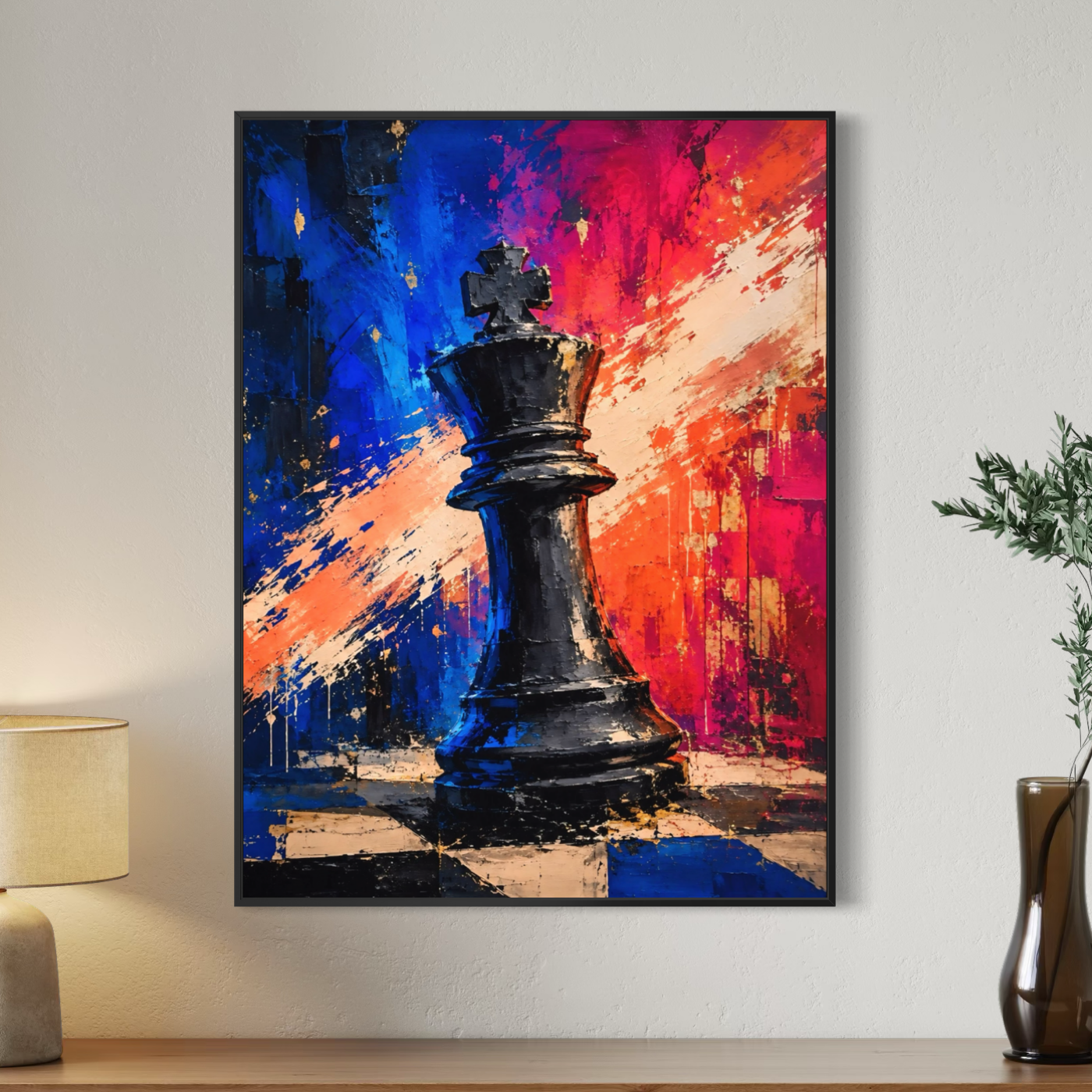 Tableau Échec Royal représentant un roi d’échecs dans un intérieur contemporain avec cadre noir