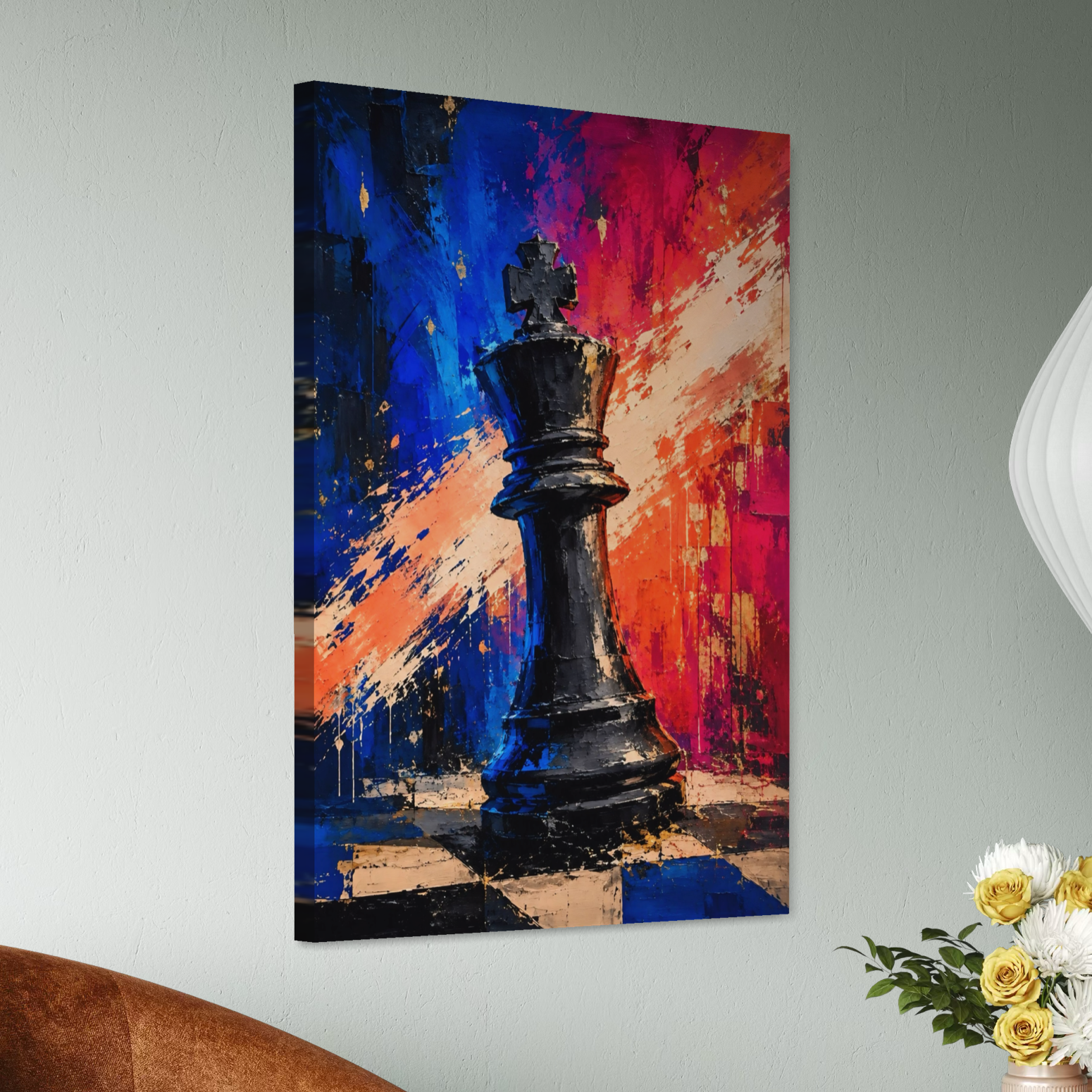 Vue latérale du tableau Échec Royal représentant un roi d’échecs coloré sur toile