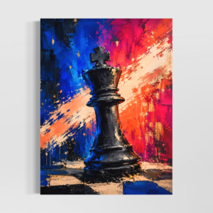 Échec Royal, tableau contemporain représentant un roi d’échecs noir sur fond bleu rose et orange