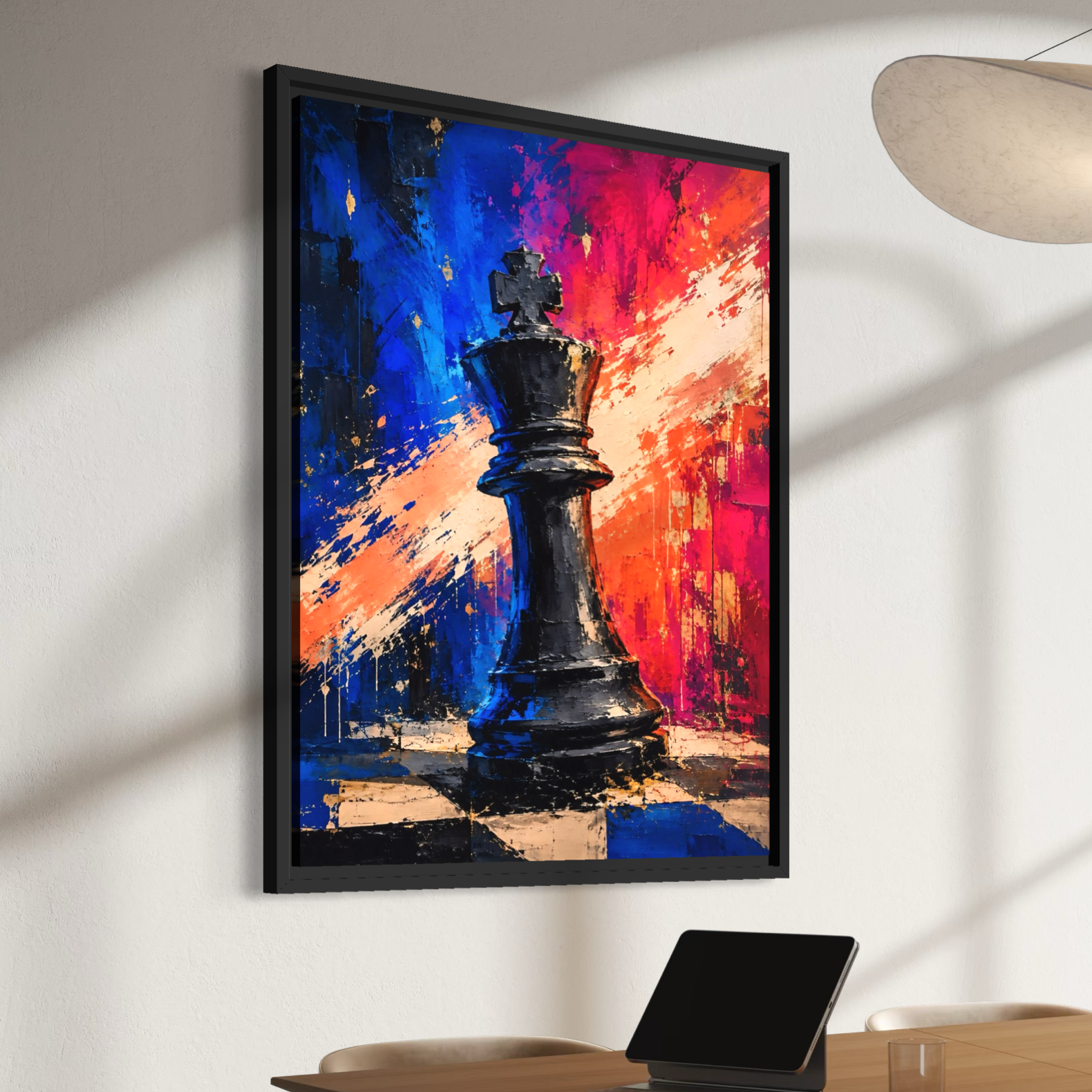 Tableau Échec Royal avec roi d’échecs encadré dans un bureau contemporain
