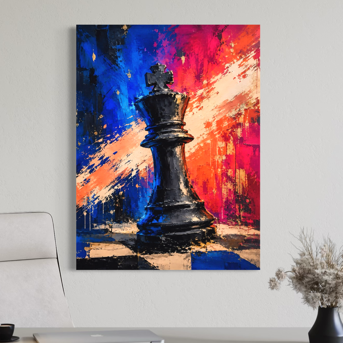 Tableau Échec Royal représentant un roi d’échecs exposé au-dessus d’un bureau moderne