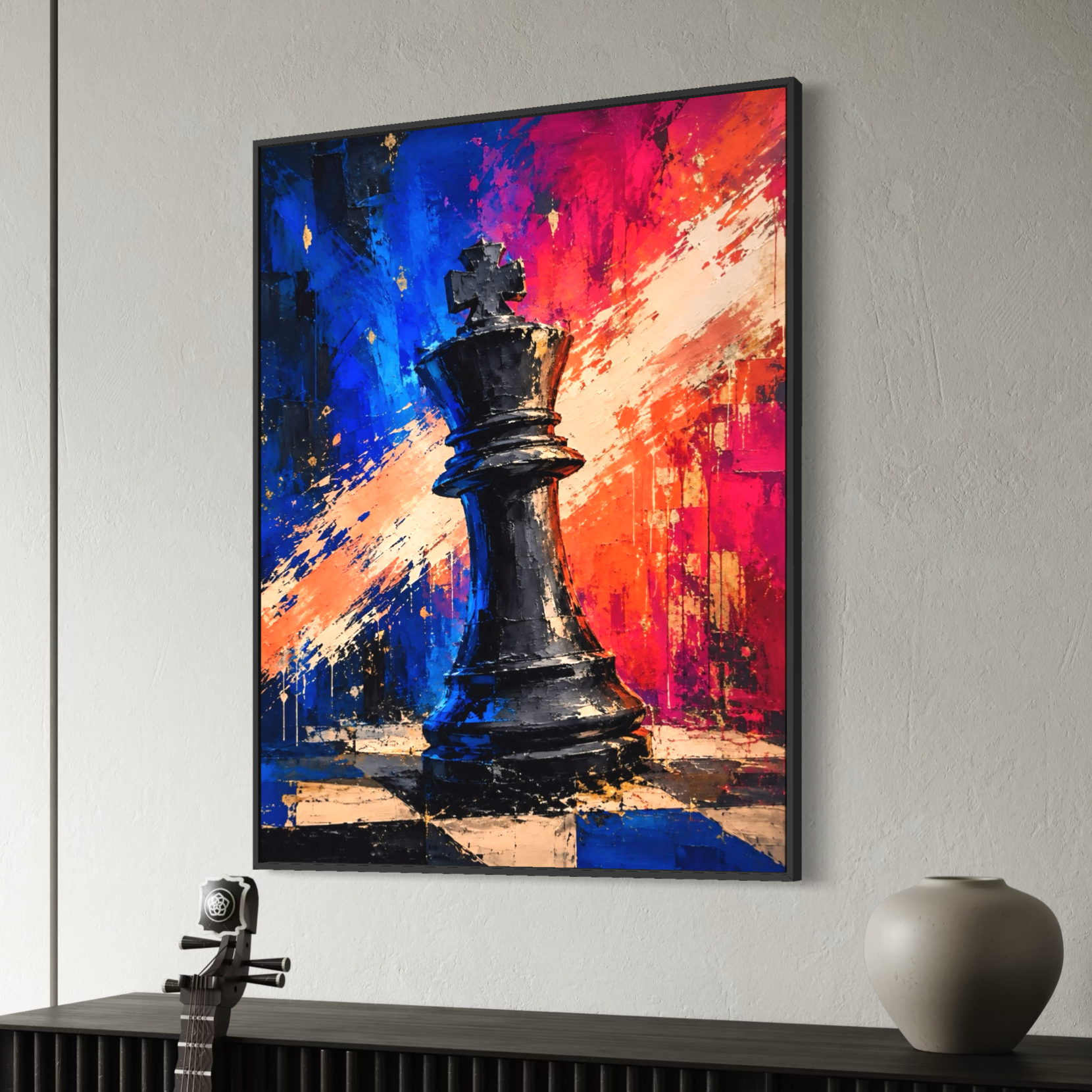 Tableau Échec Royal avec roi d’échecs noir exposé dans un intérieur design